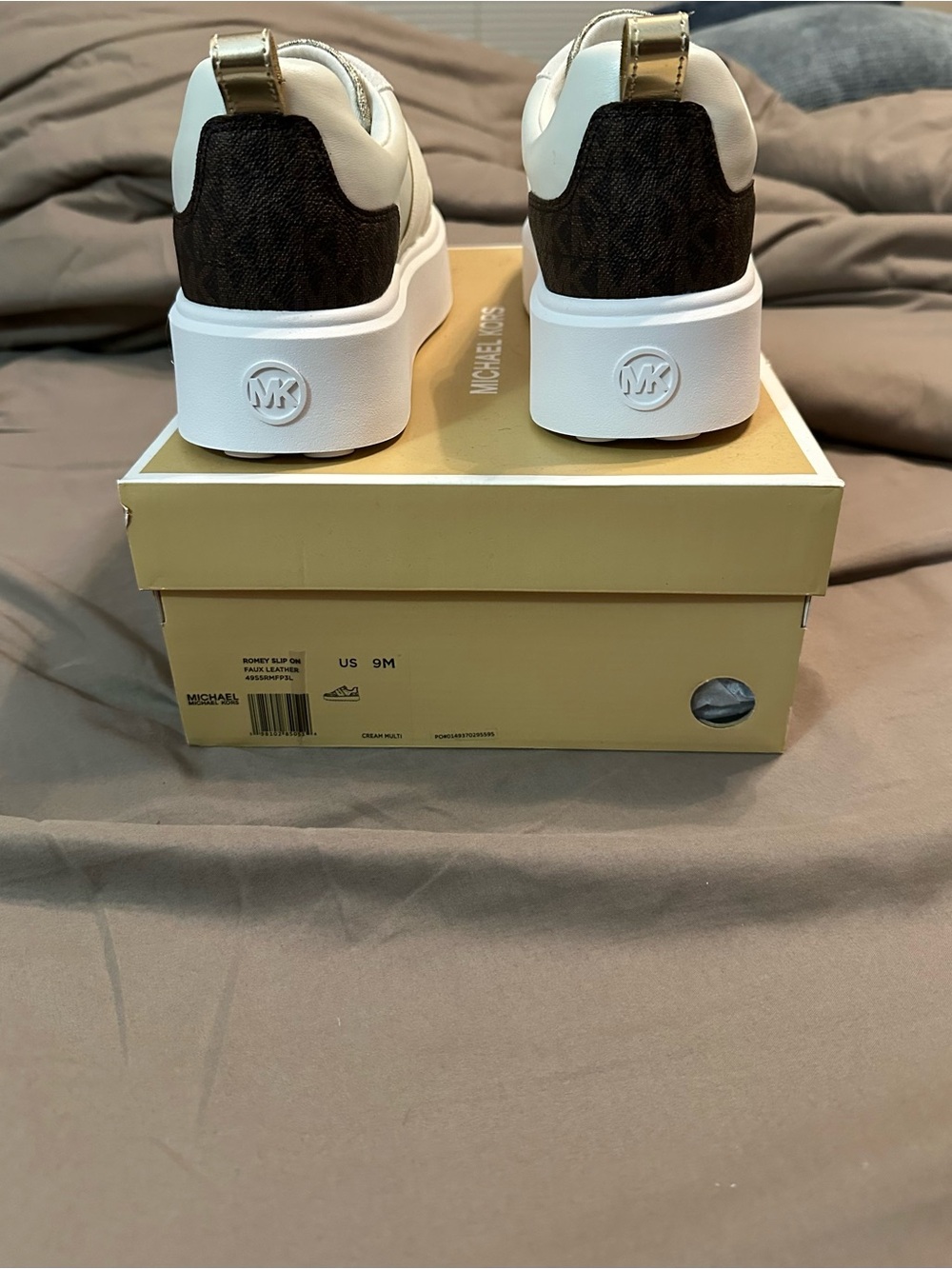 Michael Kors White, Brown & Gold Logo Platform Sneakers